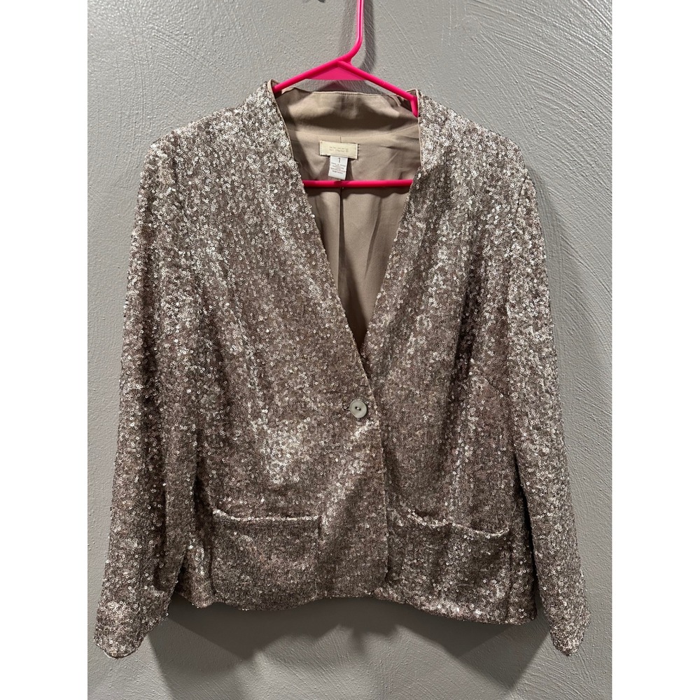 Chicos Sequin Blazer Jacket Champagne Taupe Single Button Evening Size 1 M 8-10